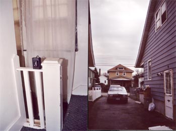 LEFT: Tape recorder at the top of the haunted staircase. RIGHT: Exterior of the house, facing the street; the staircase is behind the windows at the top right hand corner.